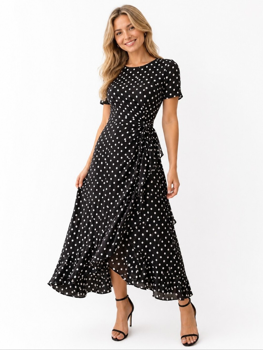Black Polka Dot Midi Wrap Dress for Women Romantic Guest Ruffle Cottagecore